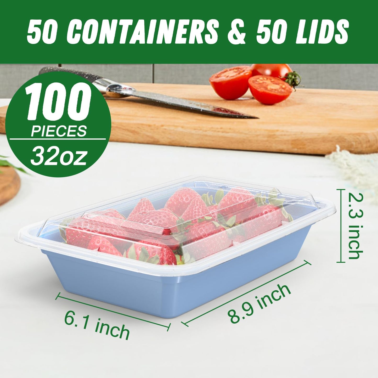 50 Pack (100-Piece) 32 oz Meal Prep Containers Reusable with Easy Open Lids, Sturdy Leakproof Food Safe, Microwave Freezer Dishwasher Safe, To Go Take Out Plastic Food Storage Pans with Lids, Blue
