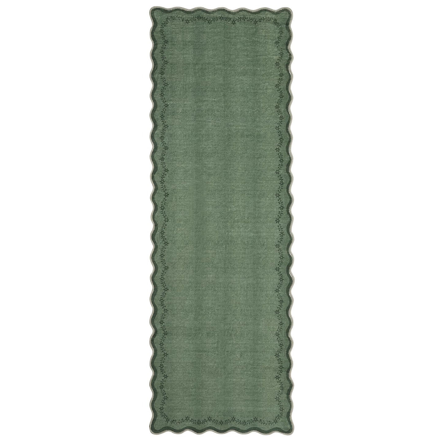 GarveeHome 2x6 Scalloped Washable Runner Rug for Kitchen, Soft Green Hallway Runner Non Slip Entryway Rug Farmhouse Thin Laundry Mat Stain Resistant Carpet for Bedroom Bathroom Beside Rug