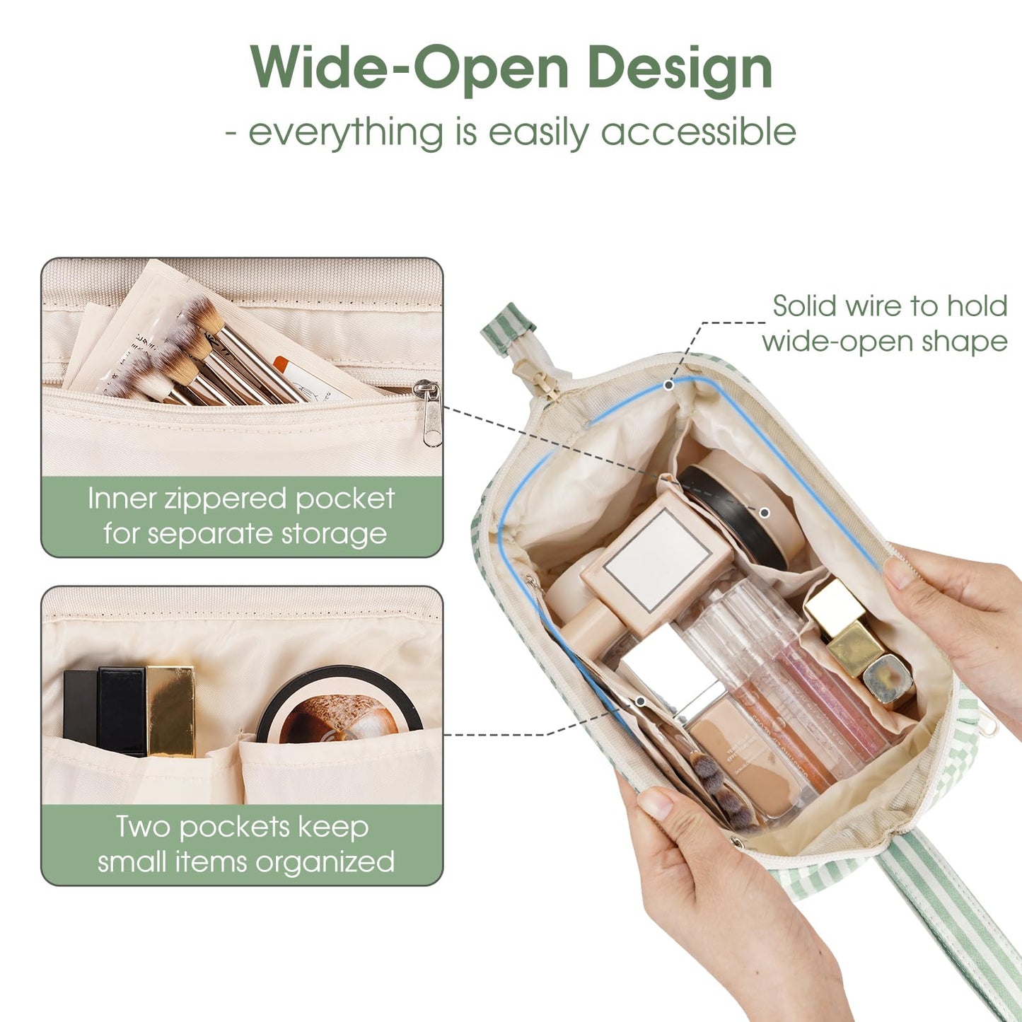 Narwey Large Makeup Bag Wide-Open Zipper Pouch Travel Wash Bag Toiletry Bag Cosmetic Organizer for Women (Mint Green Stripe)
