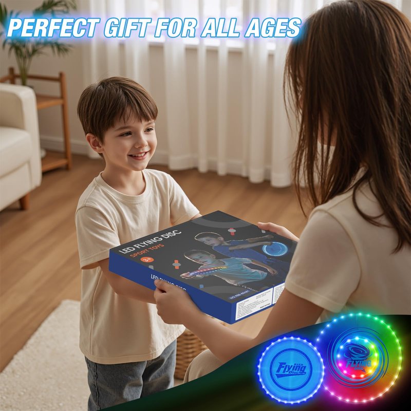 HYES 2 Pack Light up Flying Discs for Kids, Rechargeable Disc with 45 LEDs, 14 Lighting Modes(10")&Built-in Battery Disc(7.8"), Glow in The Dark Ring for Beach/Camping/Outdoor Sport