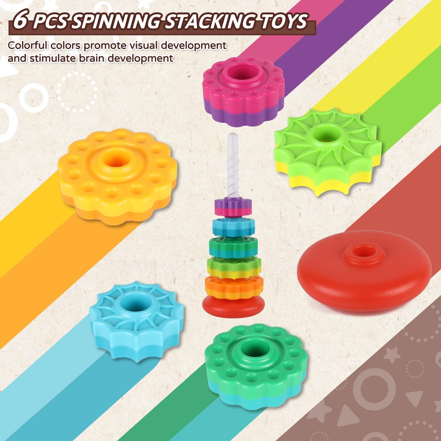JUXUE Baby Spinning Stacking Toys for Toddlers 1-3, Rainbow Ring Stacker Montessori Toys for Babies 6-12 Months, 1 2 3 One Year Old Girl Boy Christmas Birthday Gifts, Autism Sensory Learning Toy