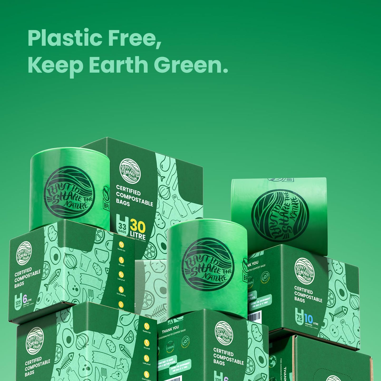 RAYTID Tie Handle Compostable Food Waste Bags 10L 75 Extra Strong Compostable Caddy Liners with Handle