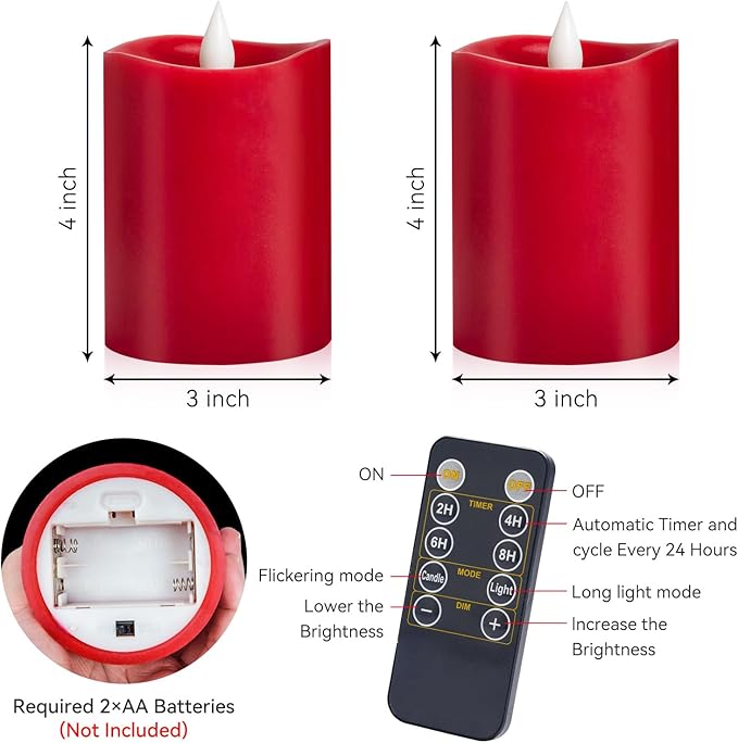 3" x 4" Red Flameless Candles - LED Pillar with Remote, Timer, Flickering, 600+ Hour Battery Life, Ideal for Christmas, Halloween, and Indoor Decor (Red, 3"*4"-2pcs)
