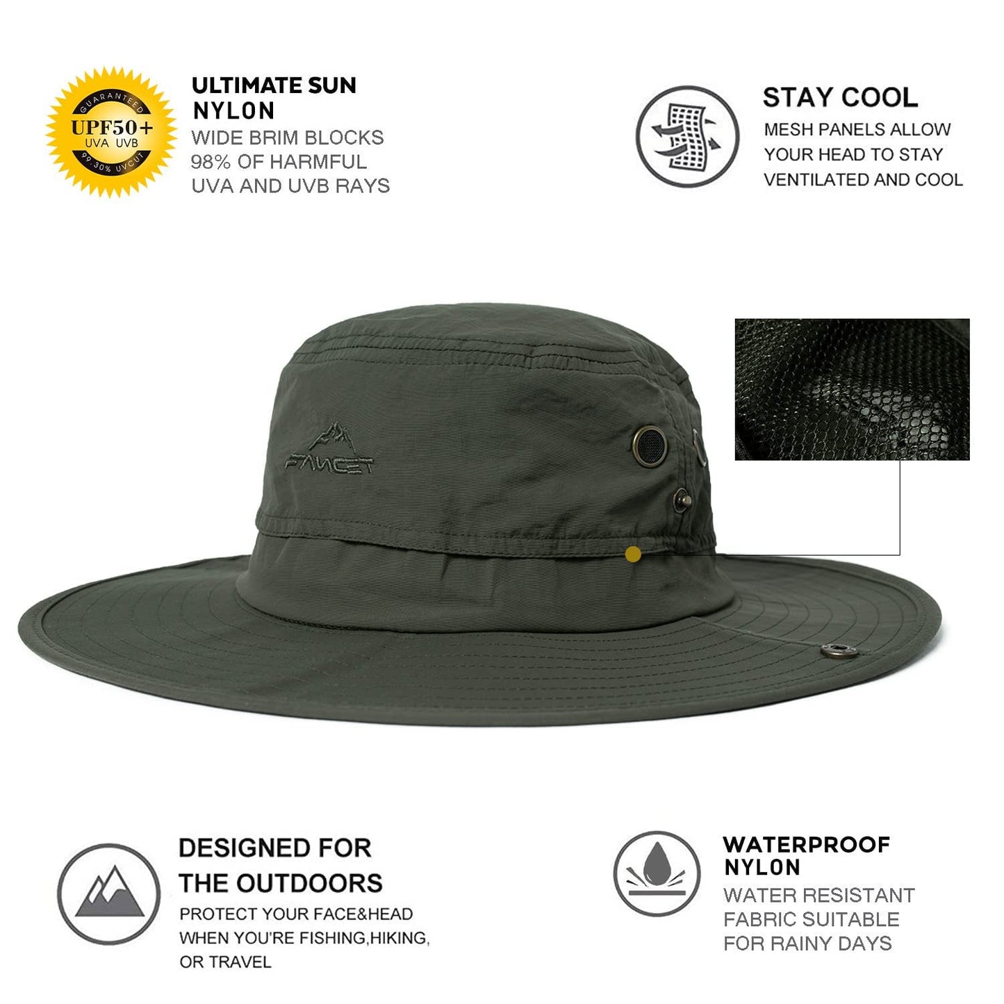 Comhats UPF 50 Sun Hats Wide Brim Summer Safari Hat Fishing Hiking Boonie Hats for Men Waterproof Army Green Small Medium