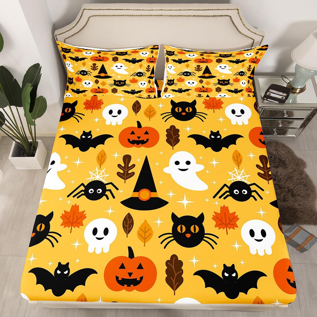 Erosebridal Halloween Fitted Sheet Twin Cartoon Pumpkin Sheet Set Lantern Bedding Ghost Bed Cover for Kids Boys Girls Bedroom Decor 2 Pcs Bedding Set (1 Fitted Sheet 1 Pillow Case) Orange