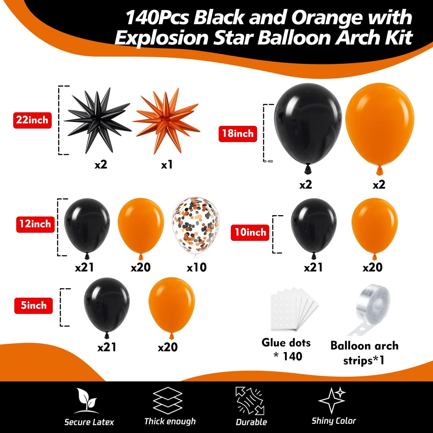 ADOINBY Black and Orange Balloon Arch Kit, 140Pcs Black Orange Latex Balloon Garland kit, 18 12 10 5 Inch Different Size Balloons for Halloween Birthday Baby Shower Thanksgiving Day Party Decorations
