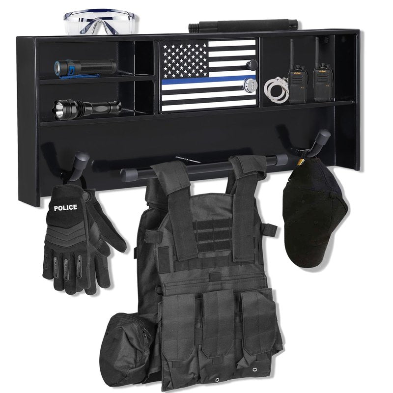 BUYYAH Wall Mounted Police Gear Rack, All Iron Frame with Gun Storage, Combination Lock, Tactical Duty Gear Rack for Home, Office, Police Gift Decor with Flag, Black