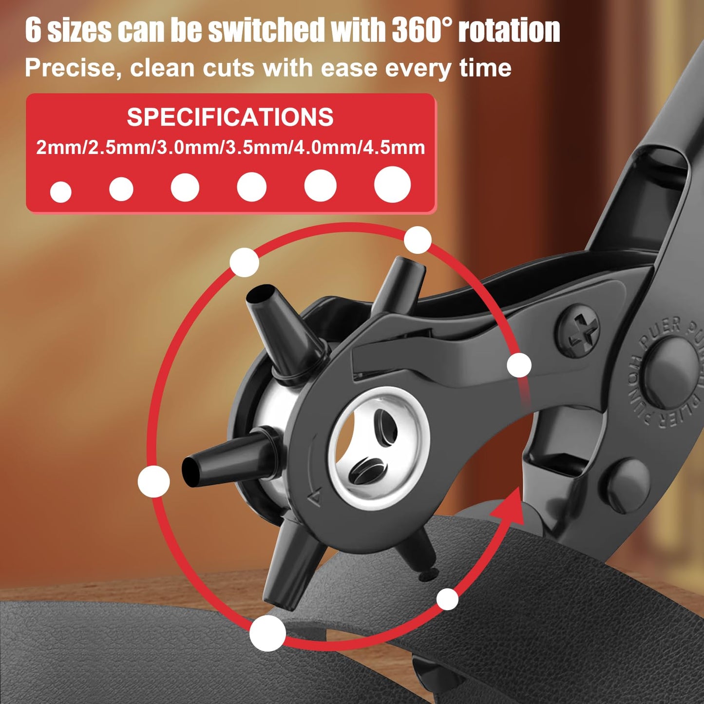 Diyife® Leather Hole Puncher, Full Set Punch Tool Kits for Belt, Watch Band, Shoe, Crafting, Handbag Straps, Fabric, with Extra Punch Plates and Ruler, Multi Hole Sizes Make, Red