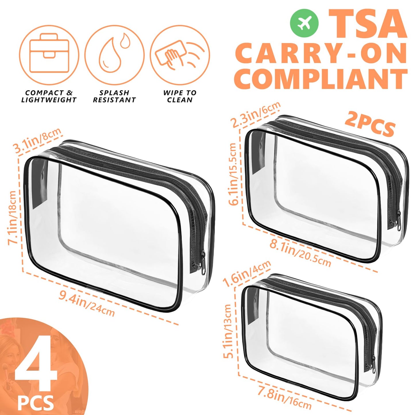 AURUZA 4 Pack Clear Toiletry Bag, Portable Travel Makeup Pouch with Zipper, TSA Approved Organizer, PVC Cosmetic for Airport Airline Compliant