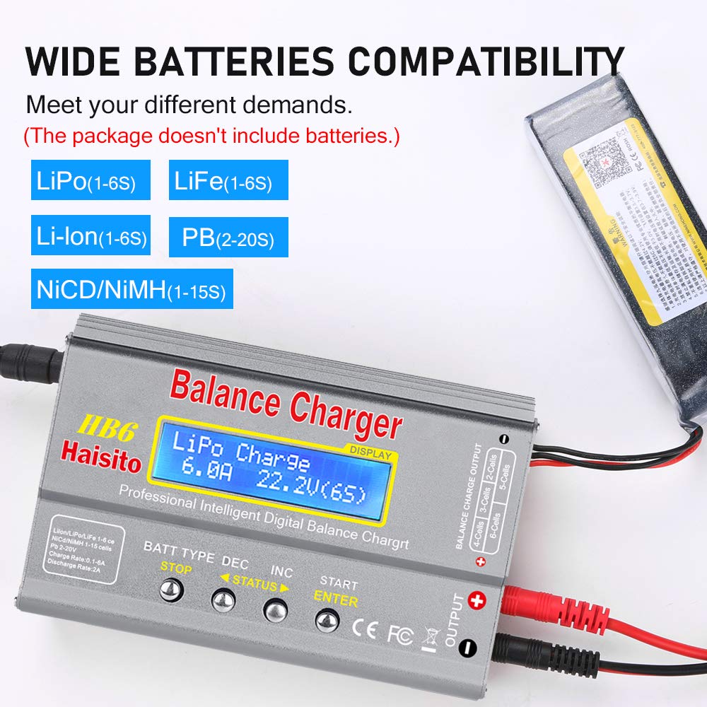 Haisito Lipo Charger, 80W 6A Balance Charger for LiPo Li-ion LiFe NiCd NiMh Pb, Multi-functional Intelligent Charger, RC Hobby Battery Balance Charger LED W/AC Power Adapter