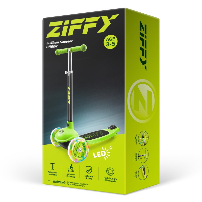 JOVA ZIFFY 3 Wheel Scooter for Kids 3-5, Toddler Kick Scooters with LED Light-Up Wheels for Boys and Girls, 5 Adjustable Height and Lean-to-Steer Design, Support up to 110 lbs, Green