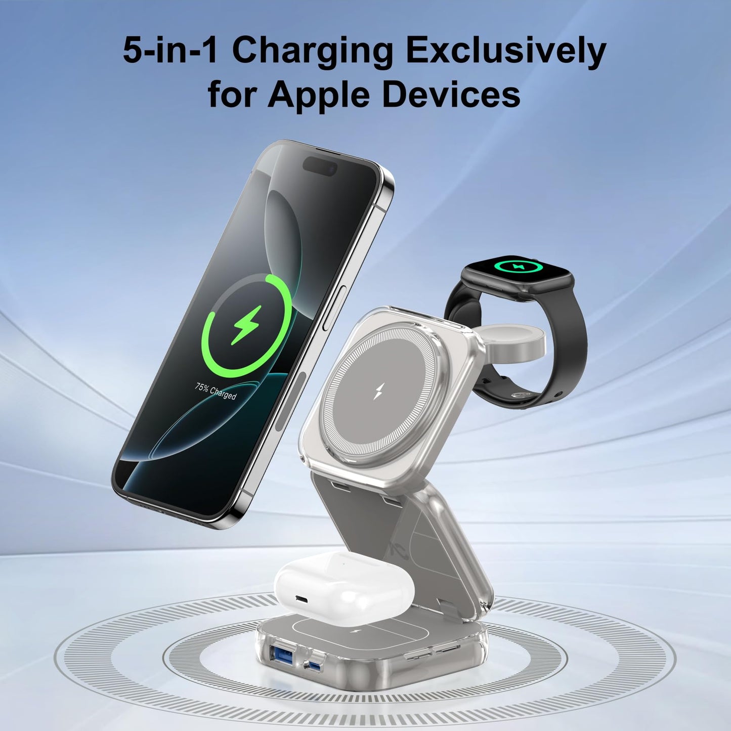 Charging Station, AC Island 5 in 1 Wireless Charging Station for iPhone 16 Pro/16/15/14/13/12, Mag-Safe Charger, Fast Wireless Charging Stand for Airpods, Apple Watch Series 10 - (Titanium Grey)