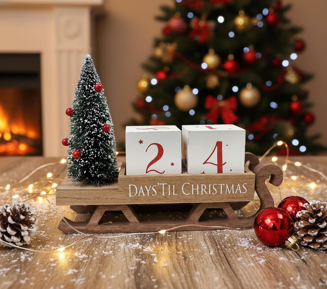 HOMirable Christmas Countdown Blocks Santa Sleigh Advent Calendar 99 Days Christmas Tree Decorations Wooden Farmhouse Rustic Sign Xmas Party Holiday Décor for Home Living Room, Mantel, Tiered Tray