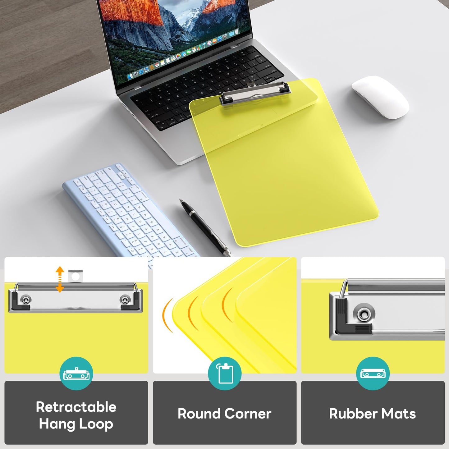 Juvealoe A4 Plastic Clipboard, 8.5 x 11 Yellow Colored Clip Boards with Low Profile Clip, Letter Size for Classroom, Teacher, Students, School & Office Supplies