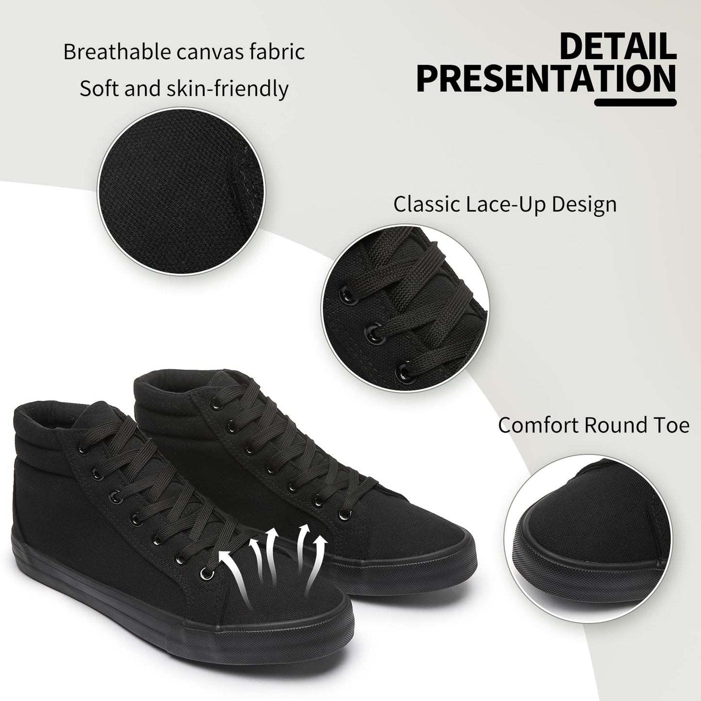 Men's White Canvas Shoes High Top Canvas Sneakers Classic Lace-Up Light-Weight Casual Tennis Shoes for Men(Black,US8.5)