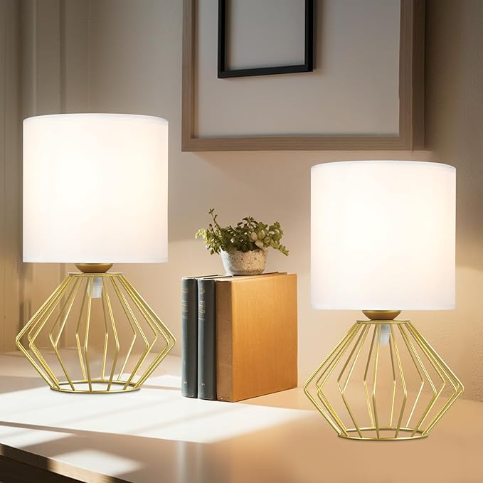 Hamilyeah Table Lamps Set of 2, Modern Bedside Lamps with White Fabric Shade, Industrial Night Stand Lamps with On/Off Switch, Gold Simple Lamp for Bedroom, Living Room