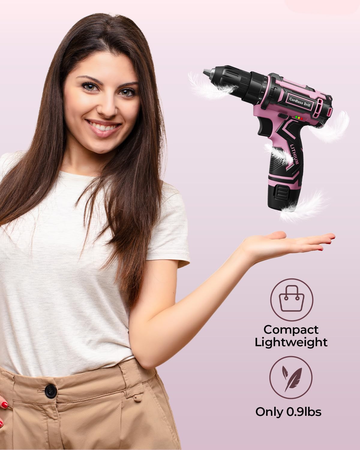 FAHEFANA Cordless Drill Set Pink, 12V Lightweight Electric Screwdriver Driver, Electric Power Drill with Battery & Charger, 3/8" Keyless Chuck, 42 Pcs Accessories, Tool Kit for Home DIY