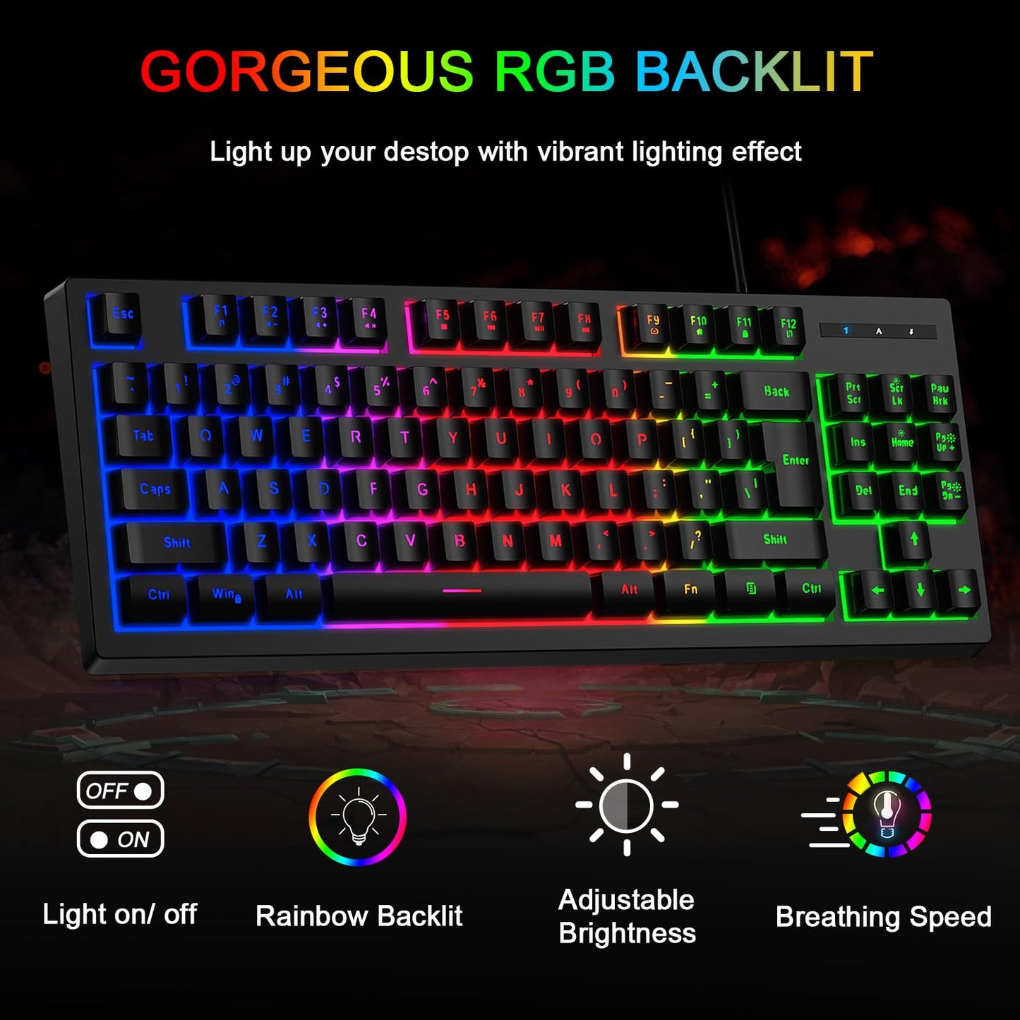 BlueFinger RGB 87 Keys Gaming Keyboard and Backlit Mouse Combo, 75% USB Wired Rainbow Keyboard, Gaming Set for Laptop PC Computer Game and Work