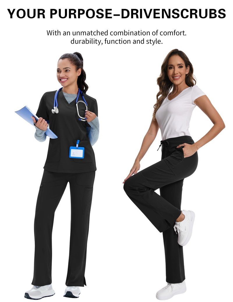 Kecols Women Yoga Scrub Pants Straight Mid Rise Elastic Waist Cargo Work Pants with Five Pocket 4-Way Stretch Black