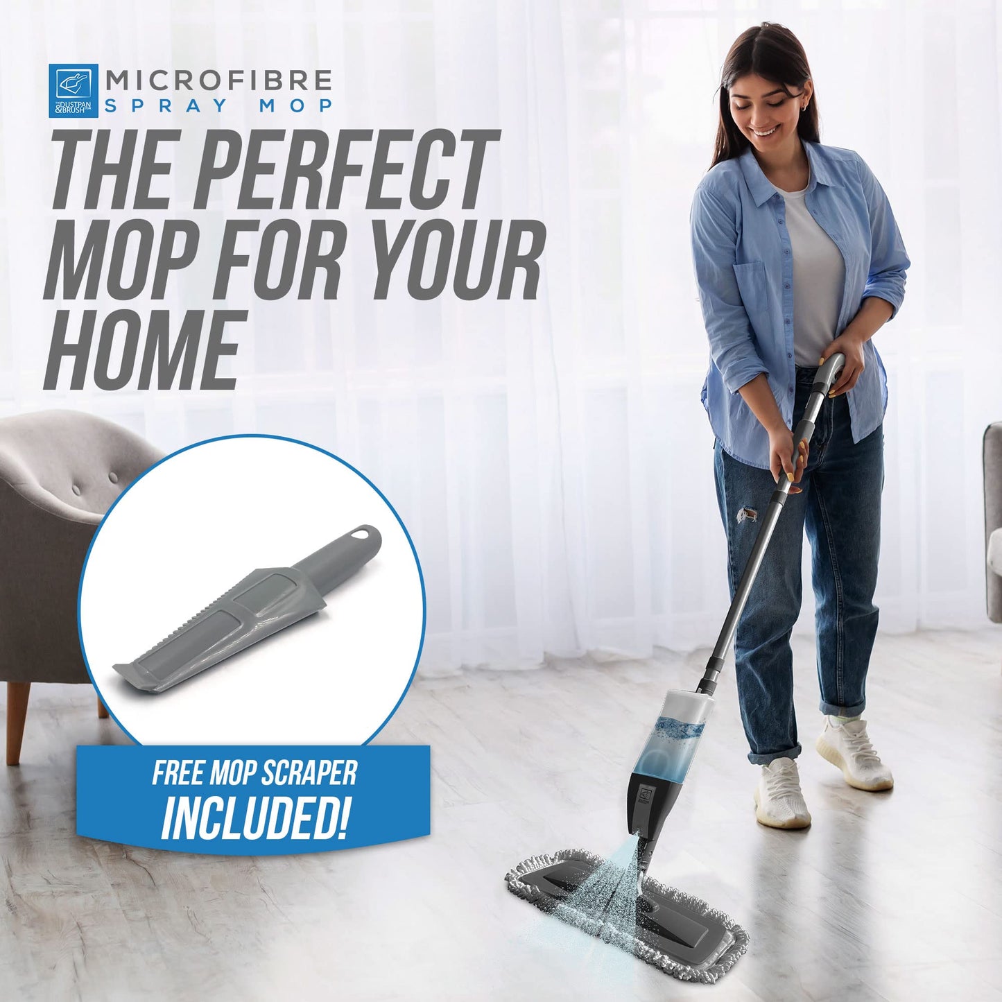 Microfibre Floor Spray Mop Dry Wet Mop Kitchen Floor Cleaning 360° Swivel Head Suitable for Cleaning Tile Laminate Hardwood Ceramic with 3 Replacement Pads, 600ML Refillable Bottle & 1 Scraper