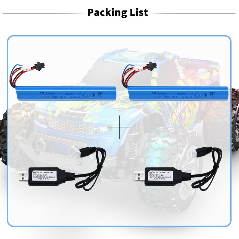Tosiicop Airsoft Gel Blaster Battery - 7.4V 2000mAh Splatter Ball Batteries for SRB1200 SRB400 SRB400-SUB MP5K M4 M110 SM2P Plug Water Bead Airsofts with RechargeableUSB Charger 2 Pack