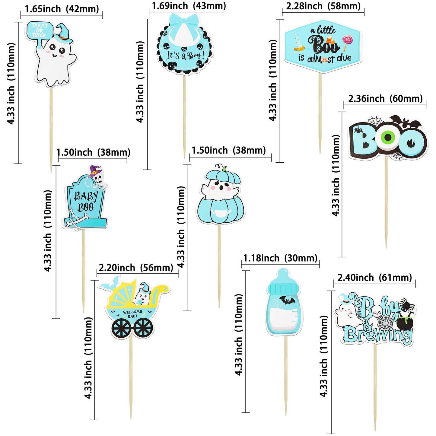 Gyufise 36Pcs Baby Shower Halloween Cupcake Toppers Ghost Bat A Baby is Brewing Cupcake Picks Baby Boo It's a Girl Cake Decorations for Halloween Theme Baby Shower Girls Birthday Party Supplies Blue