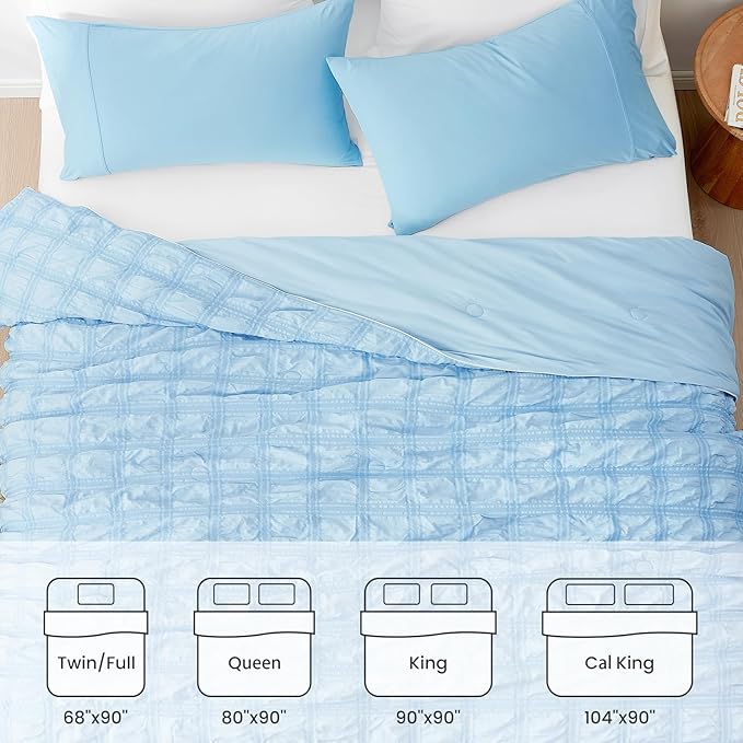 Cozy Bliss Cooling Comforter King Size Seersucker Plaid, Q-Max 0.4 Reversible Lightweight Cooling Blanket, Breathable Silk Smooth Summer Bedding Quilt for Hot Sleepers Night Sweats Blue