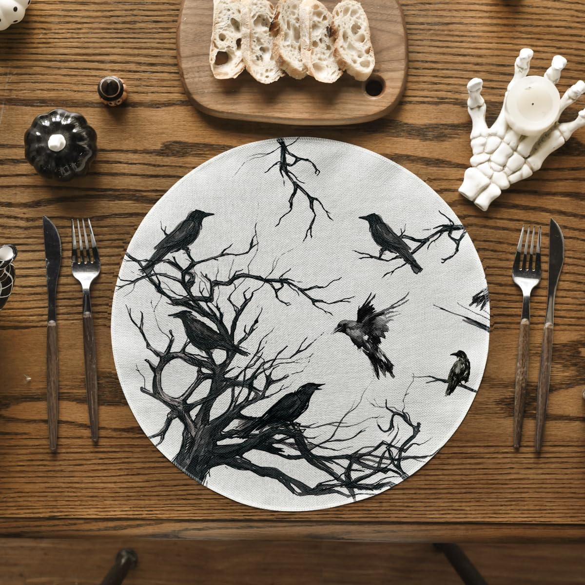 Artoid Mode Silhouette Tree Crows Halloween Round Placemats Set of 4, 14 Inch Fall Round Table Mats for Dining Decoration