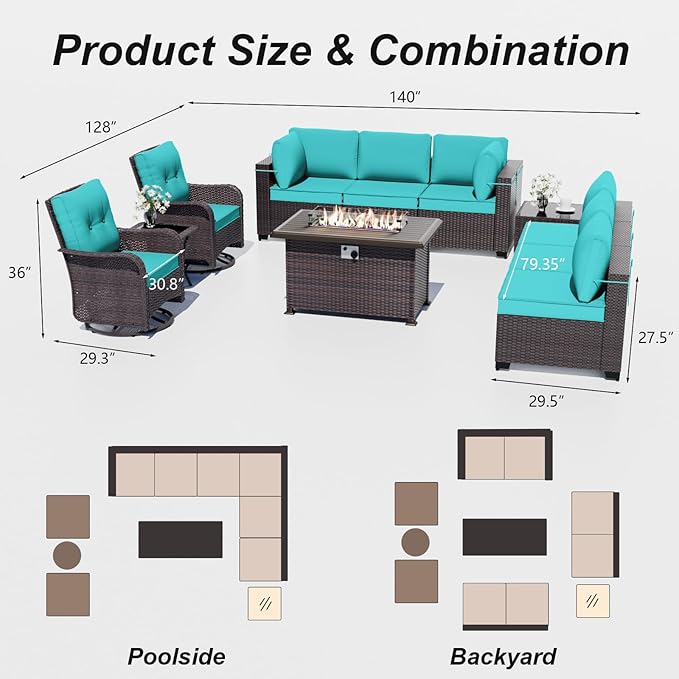 ALAULM 11 Pieces Patio Furniture Set with 2 Swivel Chairs Patio Furniture Outdoor Sectional Sofas with 55000 Gas Fire Pit Patio Conversation Set w/8 Cushions-Blue