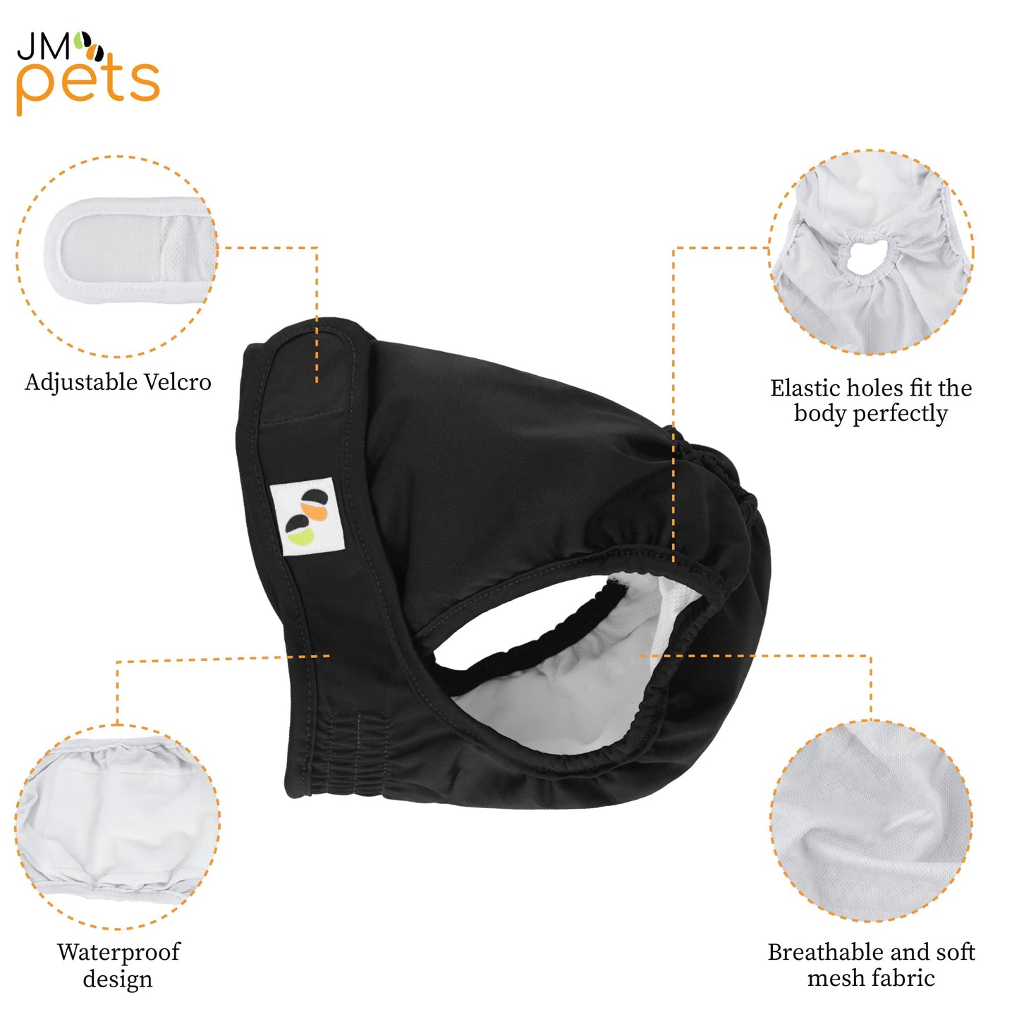 JM Female Dog Nappies - Highly Absorbent, Breathable Dog Nappy with Microfiber Pad & Waterproof Layer - Dog Period Pants Pack of 3, Washable Medium (Fit for 14"- 20" waist) Black & Brown