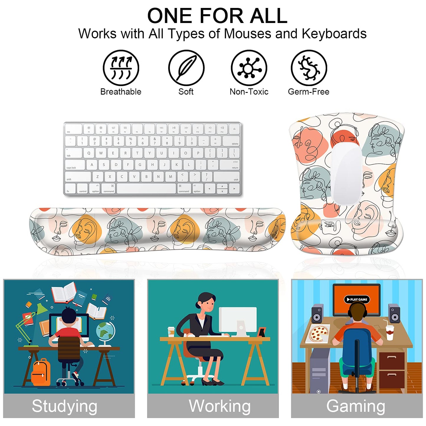 Ergonomic Mouse Pad and Keyboard Wrist Rest, Mouse Pad Wrist Support with Non Slip Rubber Base Mousepad Set + Coaster for Computer, Laptop, Easy Typing & Pain Relief, White Art Face