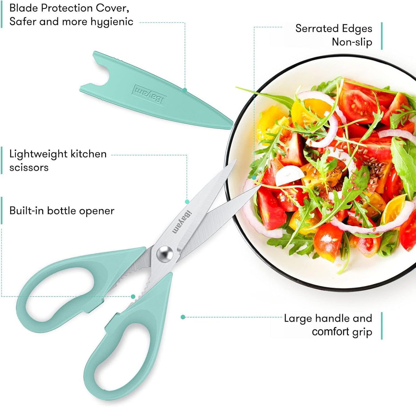 iBayam 1-Pack Kitchen Scissors All Purpose Kitchen Shears Heavy Duty 8.5" Cooking Scissors with Protective Sheath for Food, First Apartment Camper Essentials, Home Kitchen Gadgets, Utensils