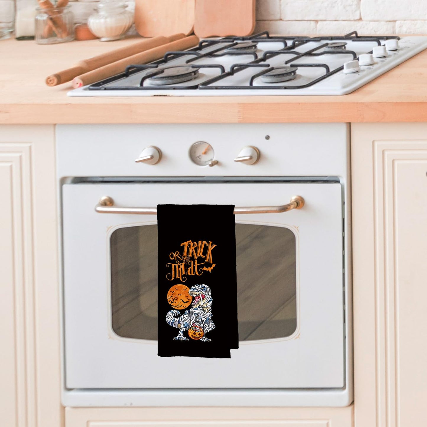 CIOJUNE Trick or Treat Halloween Kitchen Towels, Ghost Dinosaur Pumpkin Decorative Hand Towels for Bathroom, Halloween Dish Towels for Kitchen Bathroom Decor, 16x24 Inch