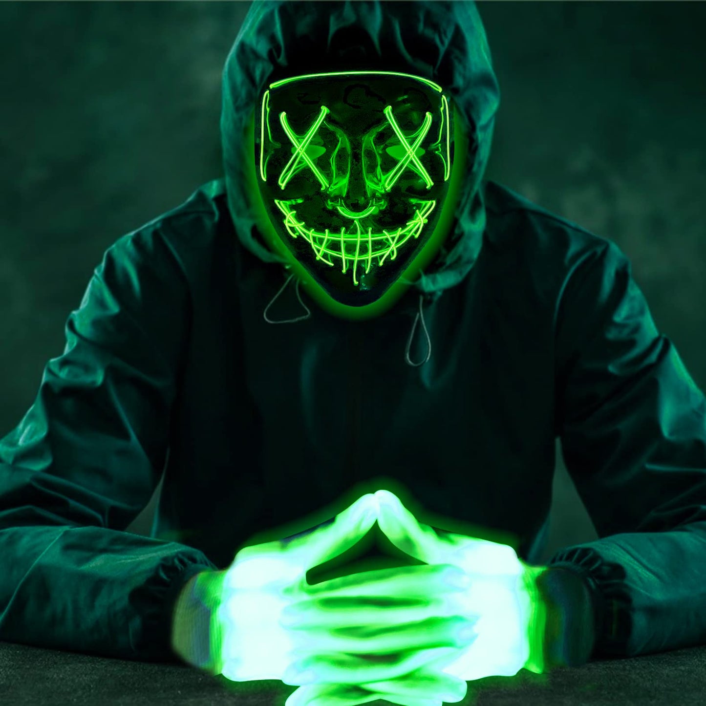 Max Fun Halloween Mask Glowing Gloves for Halloween Costume Cosplay Party Led Light Up Scary Masks for Halloween Party (Green)