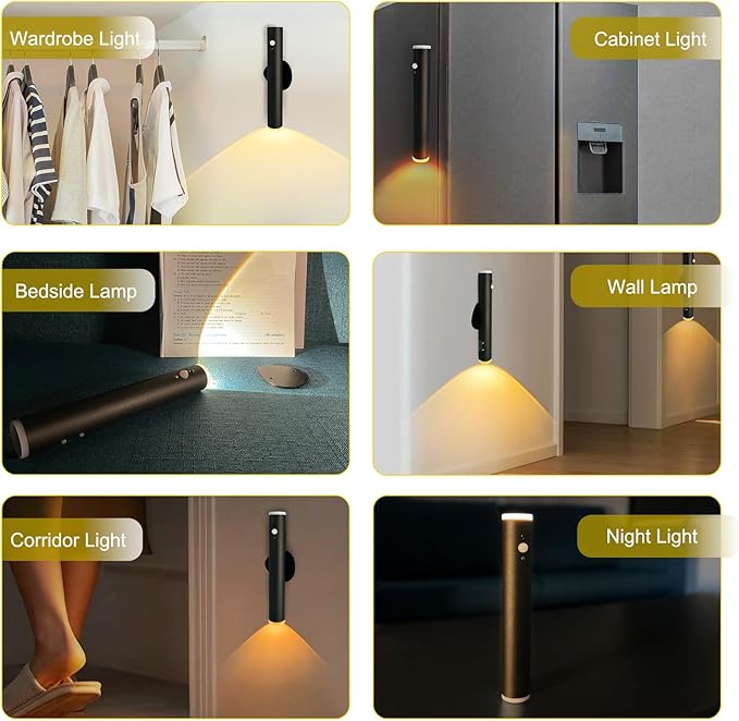 Motion Sensor Night Light, Cordless Battery Powered Magnetic Wall Light, Adjustable 3 Mode Lighting, 2 only Mounted, Corridor Staircase Sensor Night Light (2 pcs-Black)