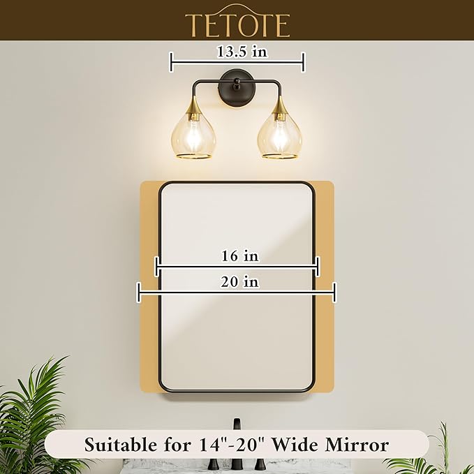 TETOTE 2-Light Modern Bathroom Light Fixtures, 2 Light Vanity Lights Over Mirror Black & Gold Wall Lamp with Clear Glass for Bathroom, Mirror, Living Room, Bedroom, Hallway