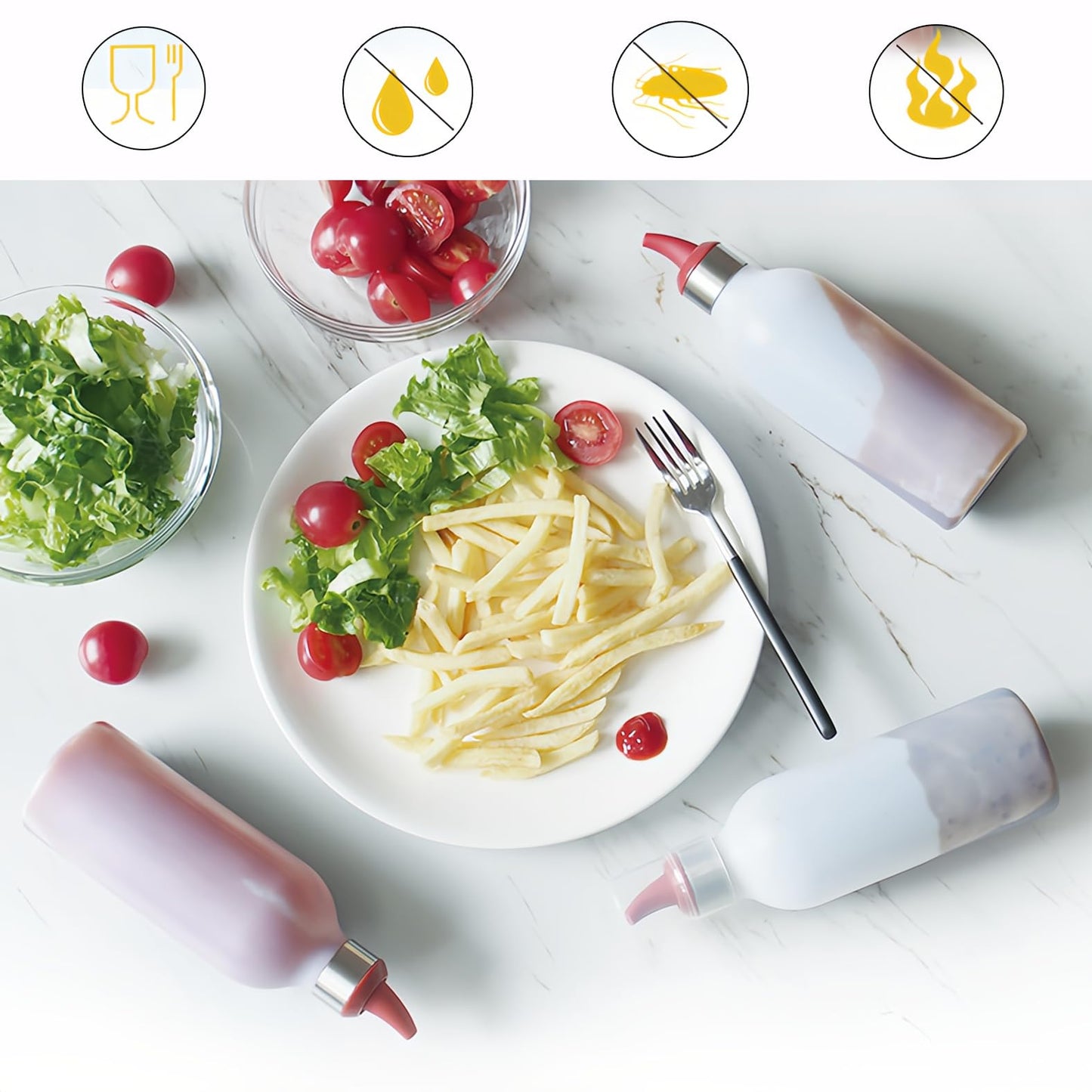 Lancoon 4Pcs Squeeze Condiment Bottles 450ml/16oz Plastic Sauce Dispenser Bottle for Hot Sauce BBQ Ketchup Syrup Salad Dressing Mustard Olive Oil