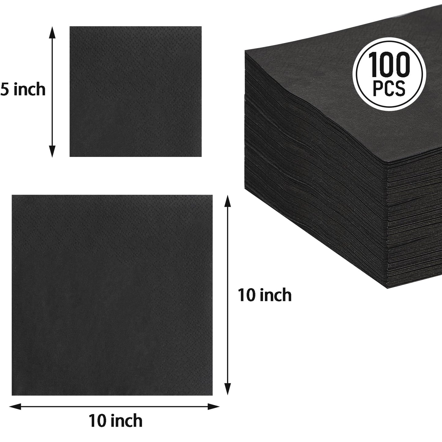 FLOWERCAT 100-Count 2-Ply Black Cocktail Napkins - Black Beverage Napkins Disposable Premium Quality - 5“ x 5" and unfold 10" x 10" Paper Napkins for Bar,Weddings,Birthday,Halloween