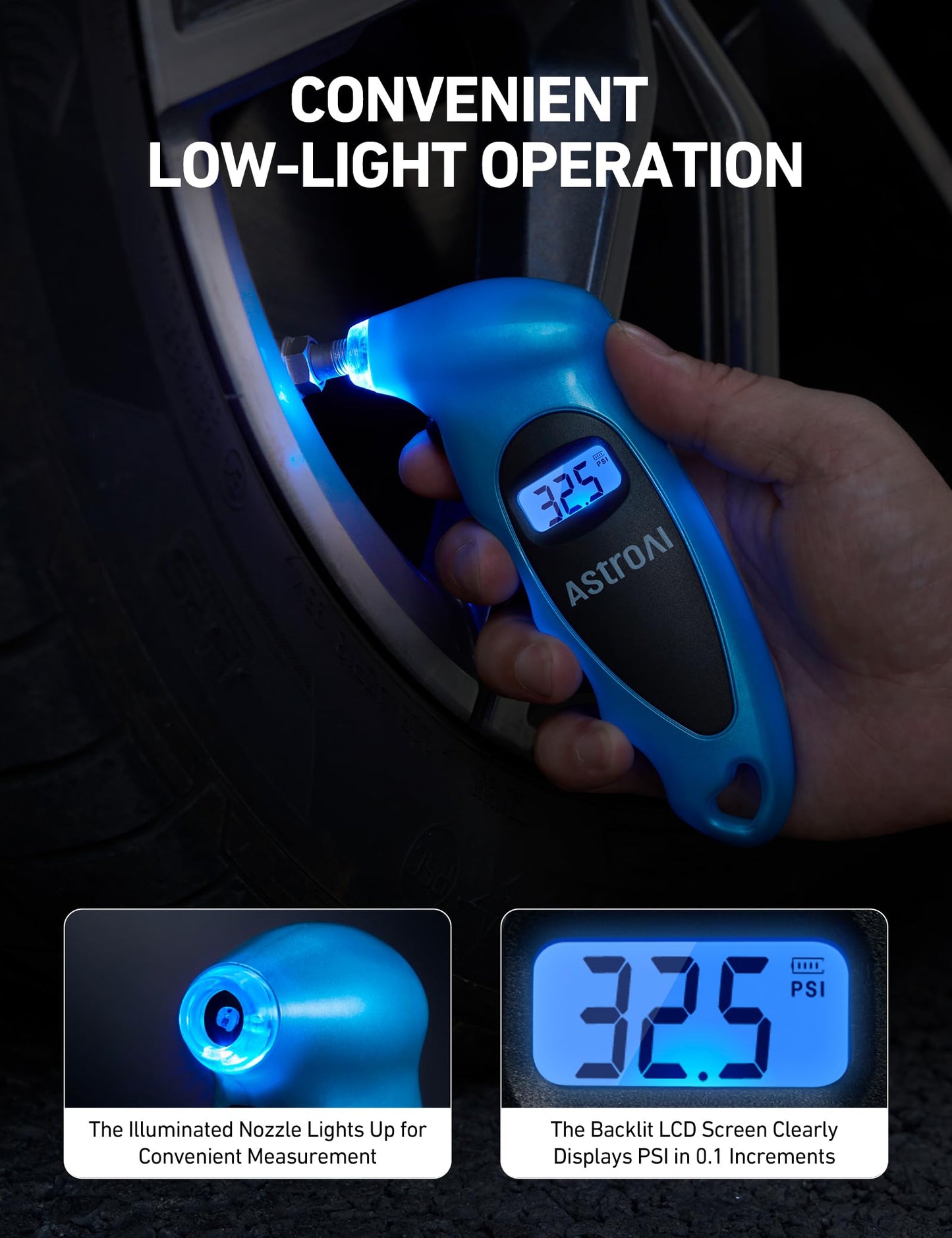AstroAI Digital Tire Pressure Gauge 0-150PSI, Accurate in 0.1 Increments, Tire Pressure Gauge with Backlit LCD and Presta Valve Adaptor, 4 Units of Measurement for Car Truck Bicycle, Blue