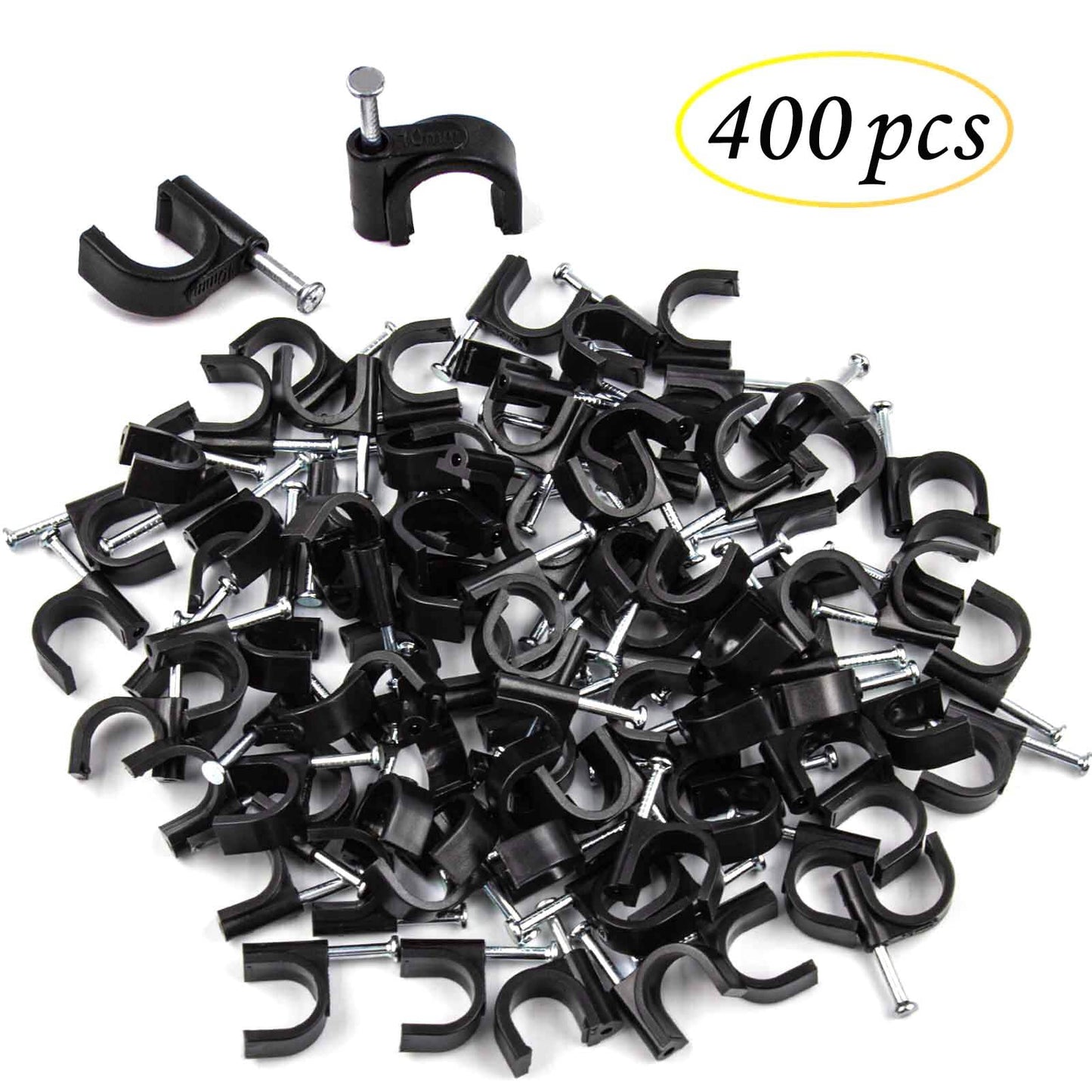 400pcs Black Cable Clips 4/6/8/10mm Cable Wire Clips Nail in Cable Clips Cable Tacks Coaxial Nail Clamps Cable Nails for Cords Cable Management RG6 RG59 CAT6 RJ45 Ethernet Cable Clips Coax Clamps