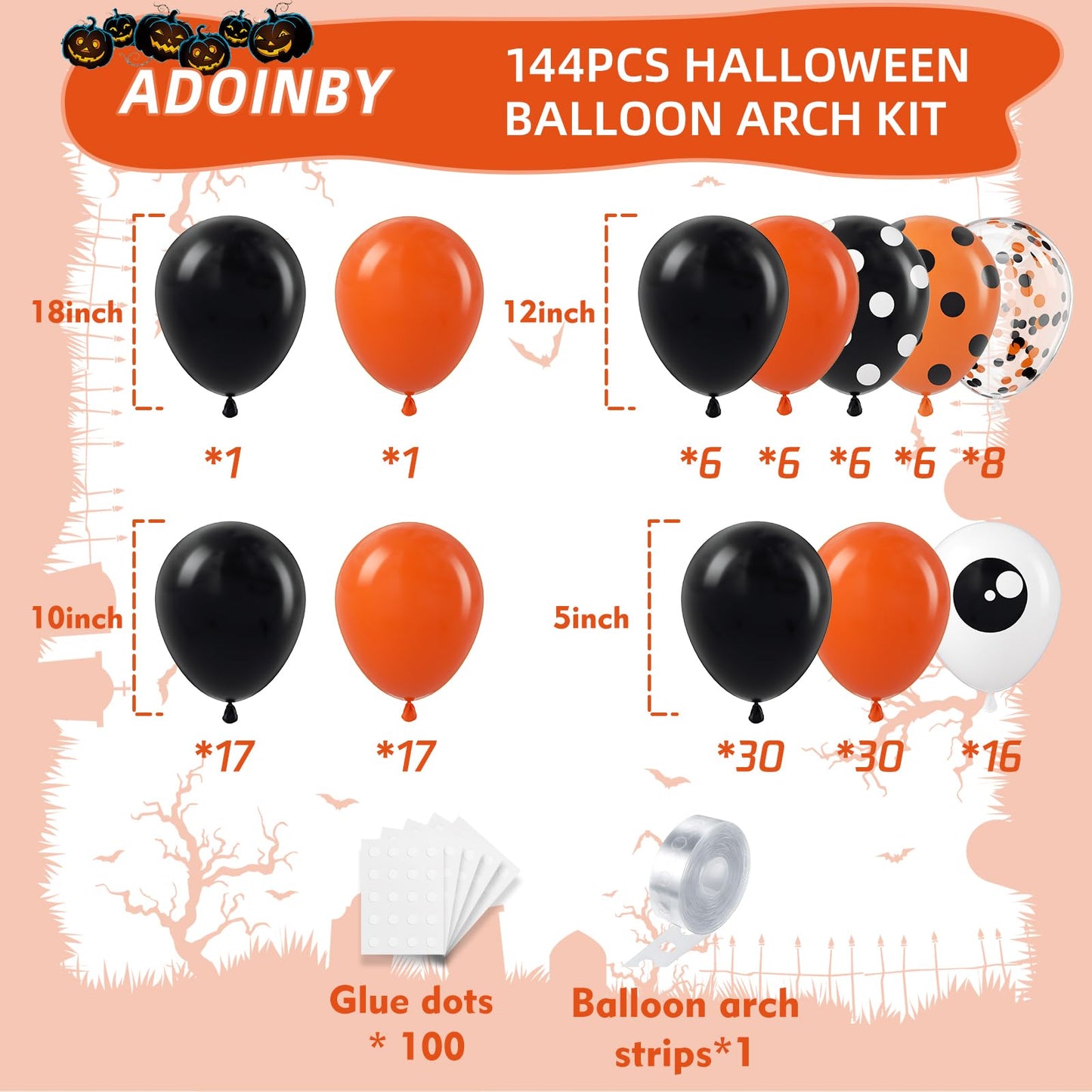 ADOINBY Halloween Balloon Garland Arch Kit, 144Pcs Different Sizes inch Black and Orange Eye Confetti Balloons Party Balloon Garland Kit for Halloween Day Theme Haunted House Party Decoration Supplies