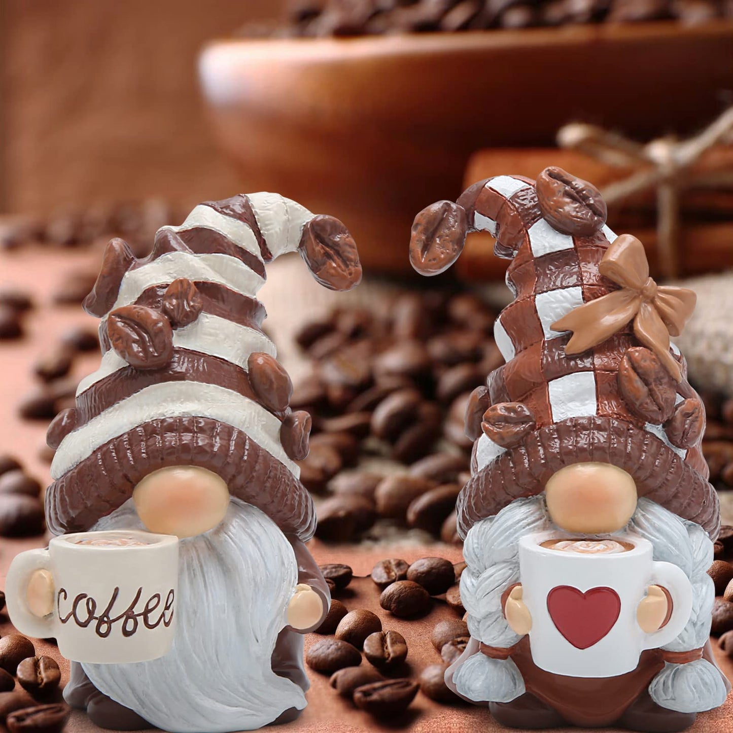 Hodao 2PCS Coffee Gnomes Figurines - Swedish Tomte Elf Dwarf Decor for Bar, Home, Gifts, Holiday Coffee Corner Decoration, Cute Christmas Farmhouse Tiered Tray Ornament for Kitchen Display