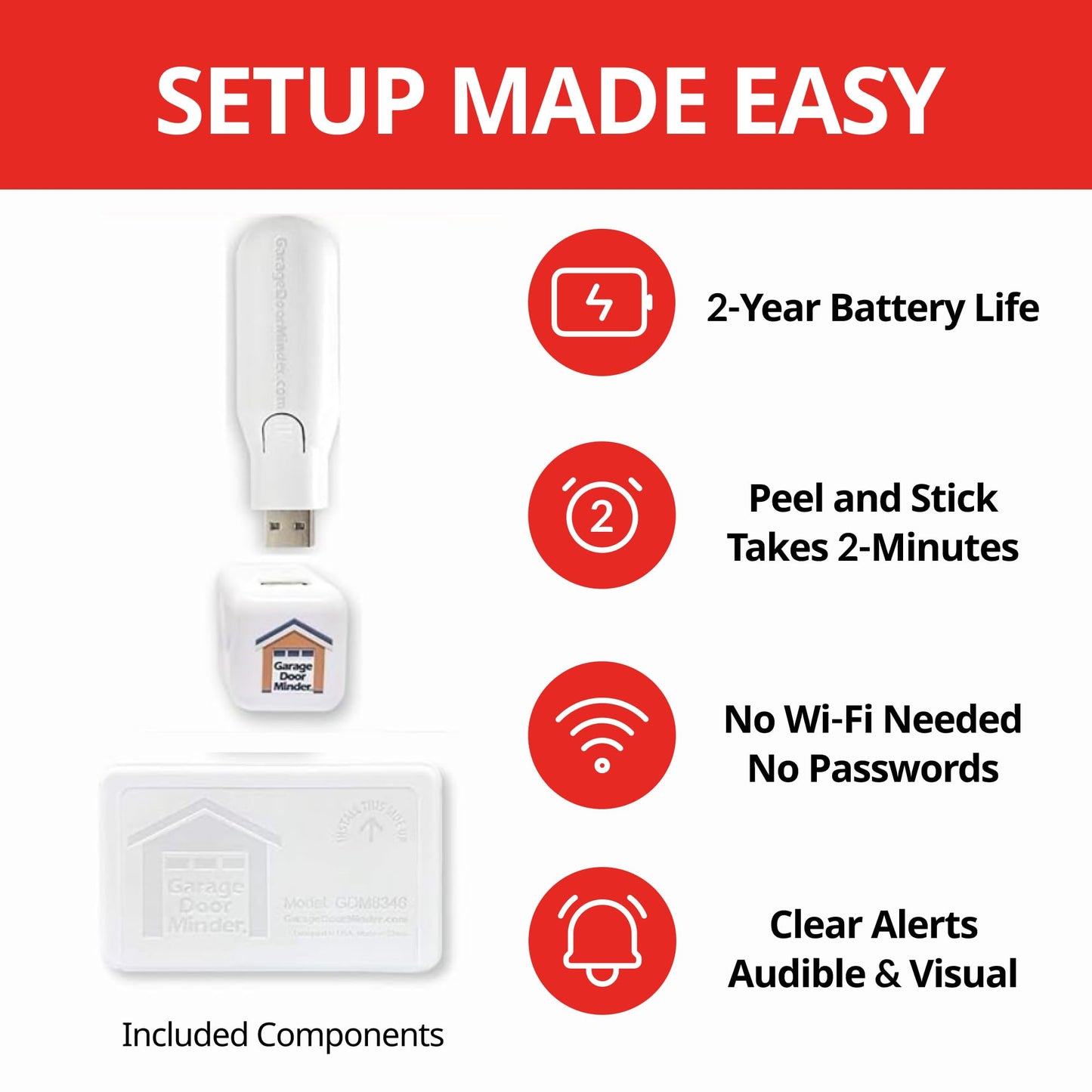 Garage Door Minder® Version II. 100% Wireless. Installs in Two Minutes! No Wi-Fi. in-Home Monitor & Alert System. Great for Seniors!