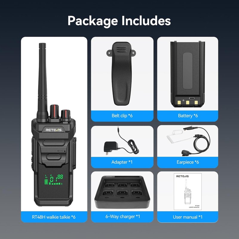 Retevis RT48H Waterproof Walkie Talkies - Rugged Long Range 2-Way Radio with Earpiece | 6-Pack