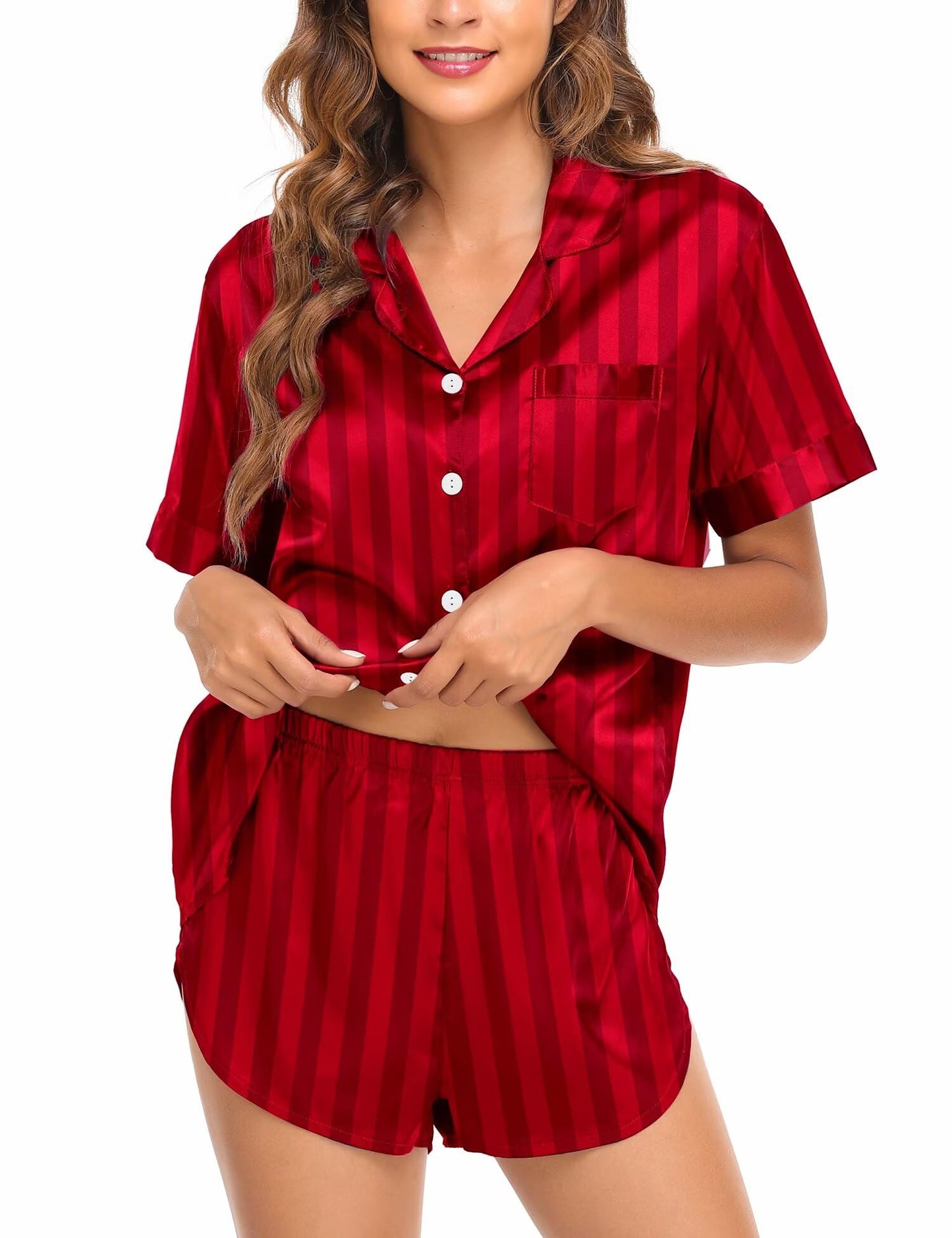 SWOMOG Couple Satin Matching Pajamas Sets Women & Men Short Sleeve Sleepwear Silk Button Down Nightwear 2 Pieces Loungewear
