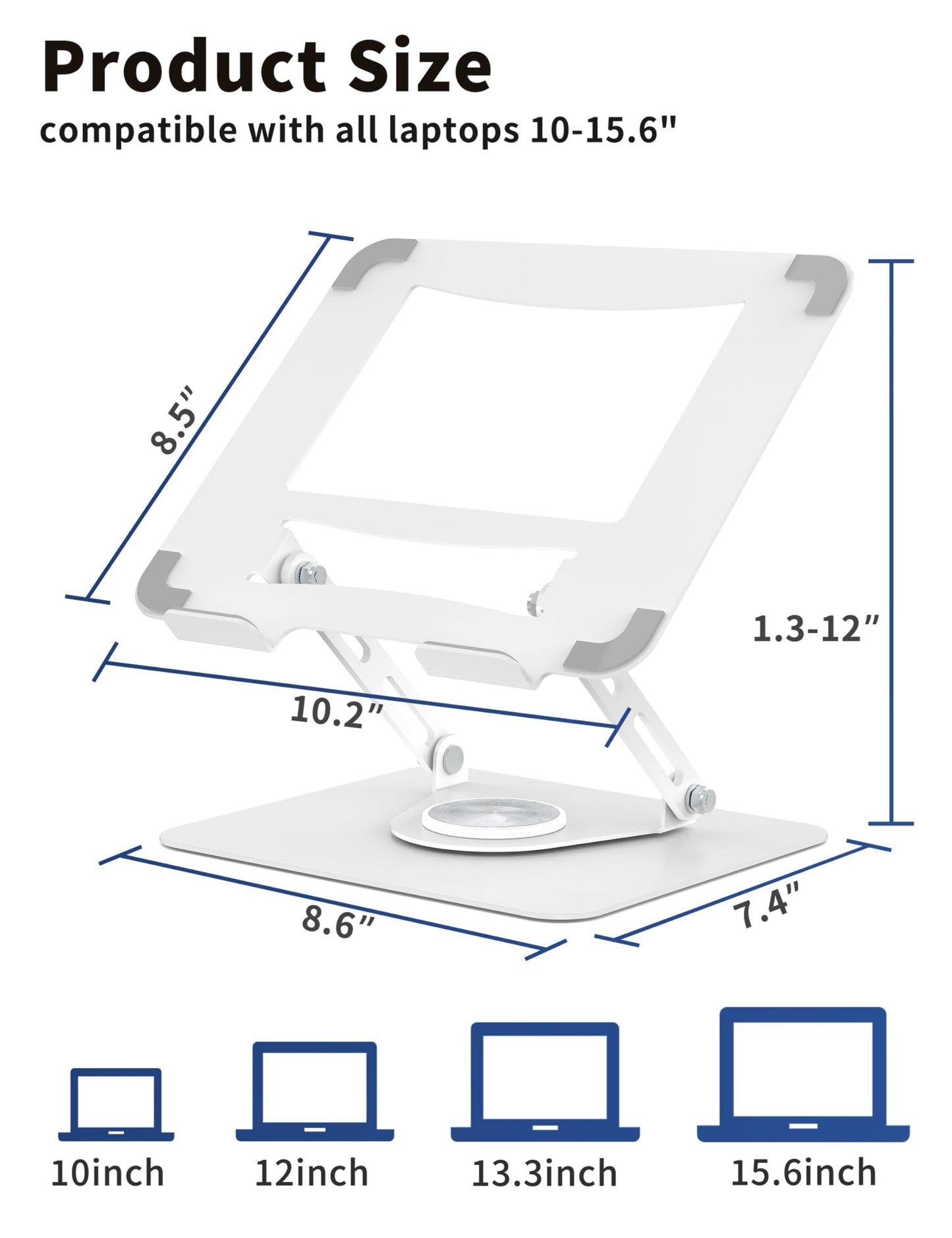 ALASHI Laptop Stand for Desk with 360° Rotating Base, Multi-Angle Adjustable Laptop Stands, Foldable Laptop Riser Compatible with 10 to 15.6 Inches PC Computer, White