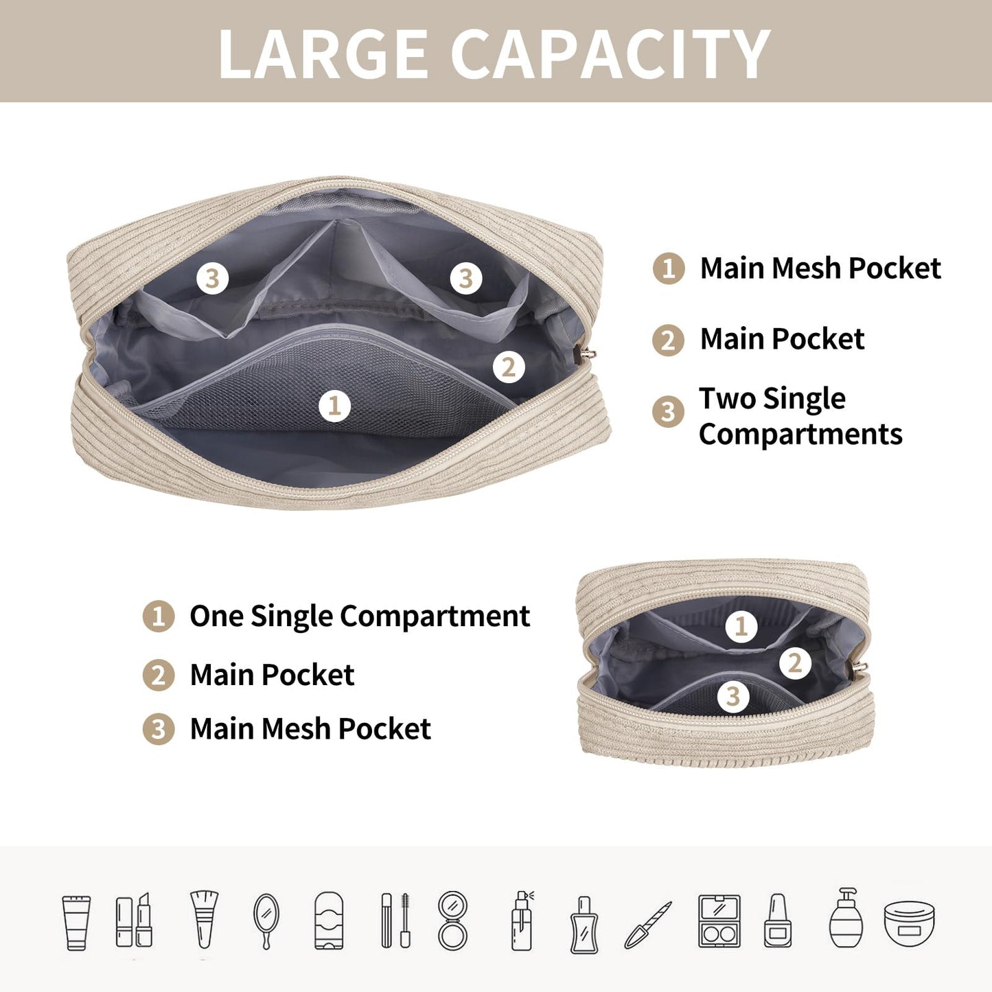 Makeup Bag, MAGEFY 2 Pcs Small Makeup Bag for Handbag Corduroy Pouch with Compartments Travel Makeup Cosmetic Bag for Women (Beige)