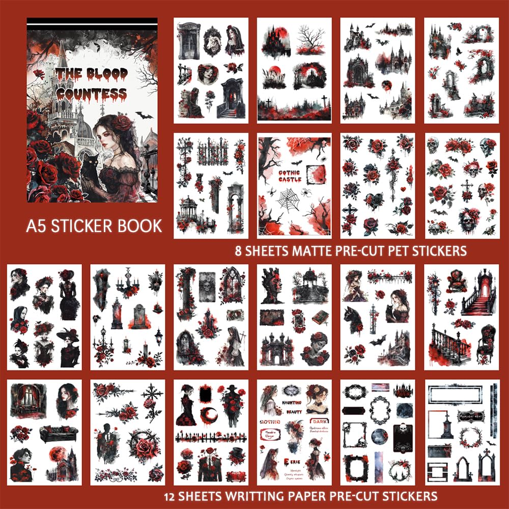 Dwetpzo Halloween Precut Scrapbook Sticker Book for Adults, Transparent PET & Writing Paper Stickers, Adhesive Sticker for Journaling, Junk Journals, Scrapbooking Supplies, 20 Sheets, A5