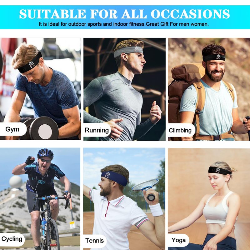 Sweat Band Headbands Men 3 Pcs Sport Sweatbands Headbands for Men Women Skull Workout Cooling Headband Mens Running Headband Head Band Mens Stretchy Hairband Gym Yoga Tennis Athletic