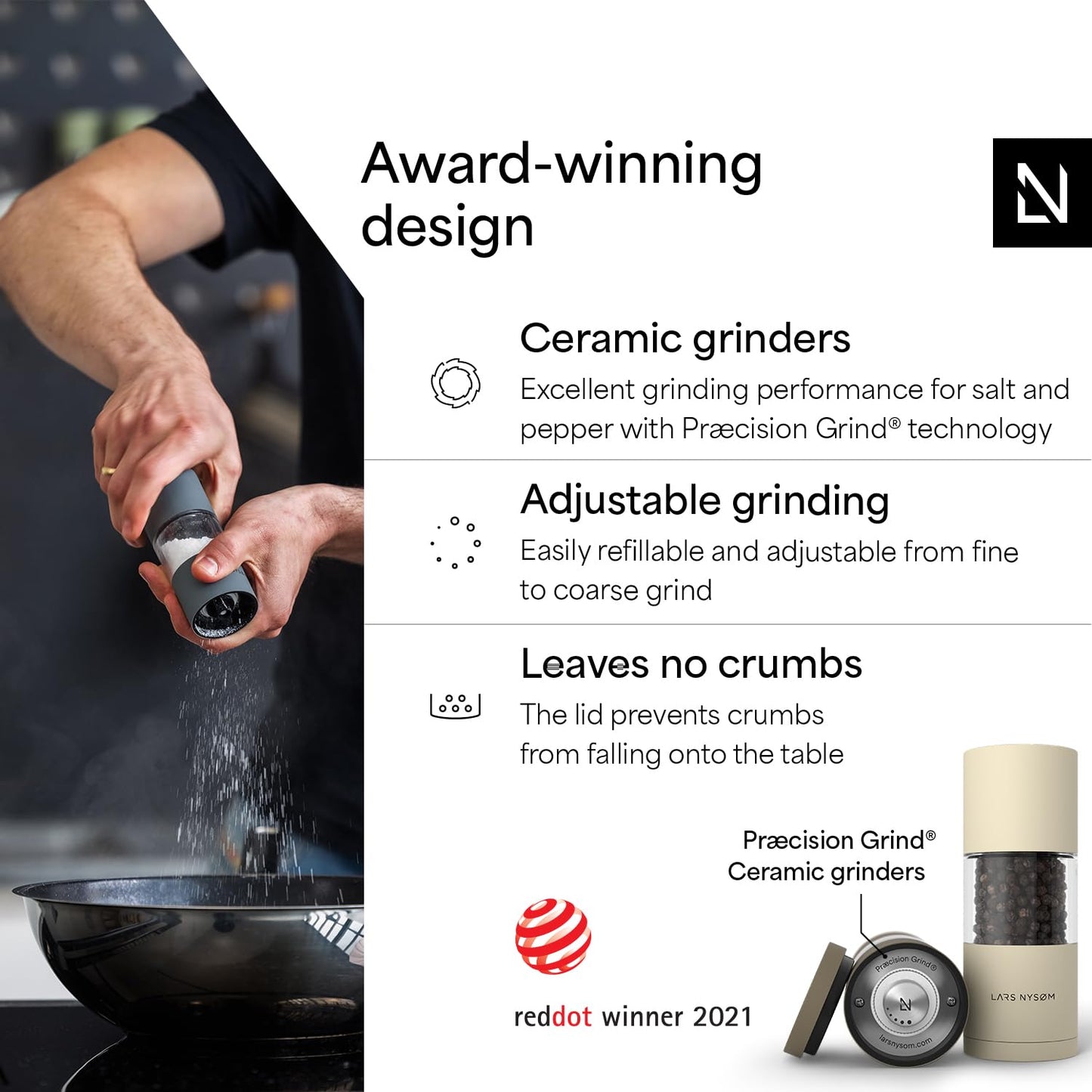 LARS NYSØM Salt and Pepper Grinder Set, Manual Salt and Pepper Mills with Adjustable Ceramic Grinder, Design Spice Shaker Set (Brown/Beige)